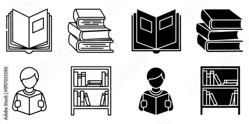 Black and white of people reading and bookshelves with books bookshelf person