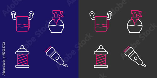 Set line Electrical hair clipper, Barber shop pole, Hairdresser pistol spray bottle and Towel on hanger icon. Vector