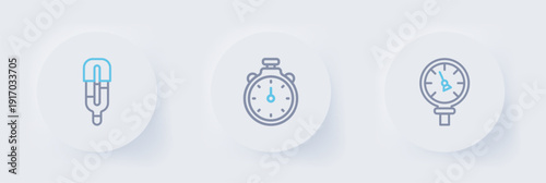 Set line Pressure water meter, Stopwatch and Medical thermometer icon. Vector