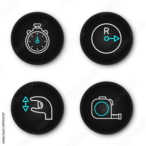 Set line Roulette construction, Approximate measurements, Radius and Stopwatch icon. Vector