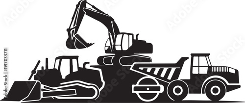 Black and white construction machinery silhouette excavator