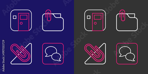 Set line Speech bubble chat, Paper clip, Document folder with and School classroom icon. Vector