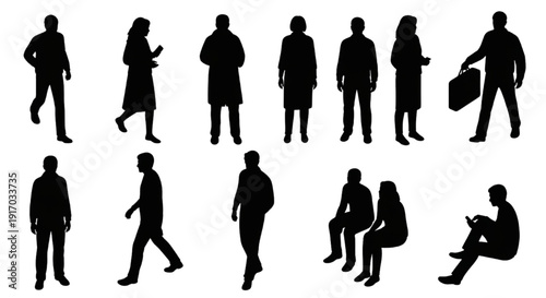 Vector Set of Walking, Standing, and Sitting People Silhouettes for Architectural Visualization
