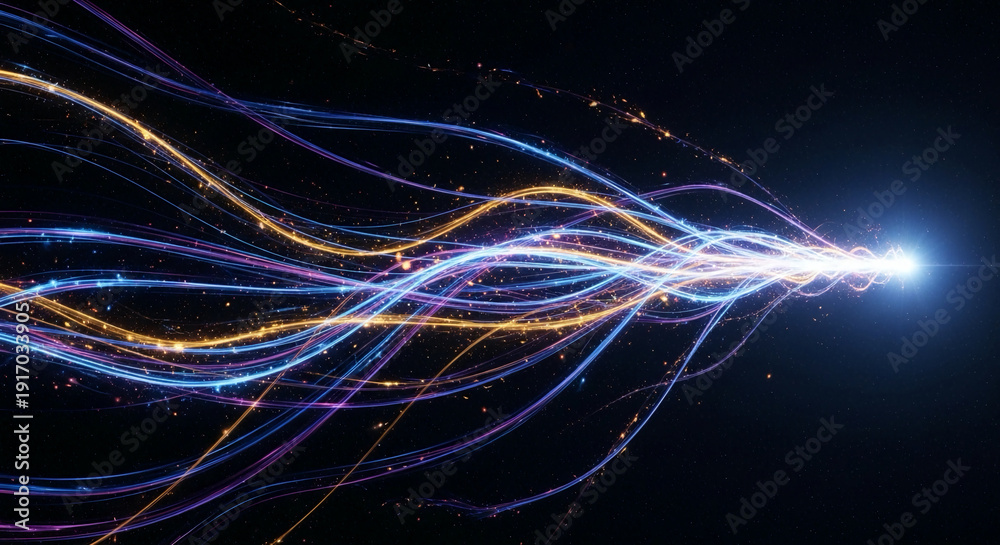 Fototapeta premium Vibrant light trails flowing through dark space with glowing particles