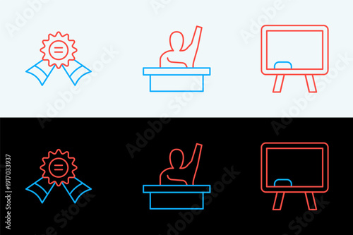 Set line Chalkboard, Medal and Male kid raising hand icon. Vector