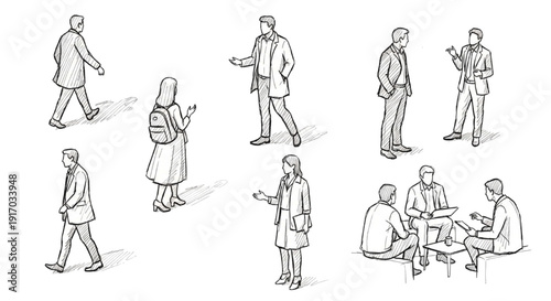 Vector Sketch Set of Business People Walking and Talking for Architectural Visualization