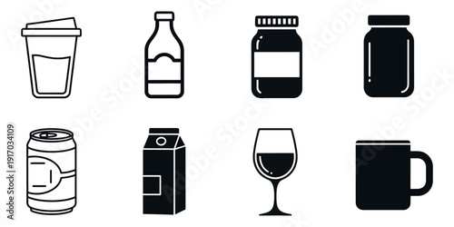 Black and white of various drink containers and glasses beverage