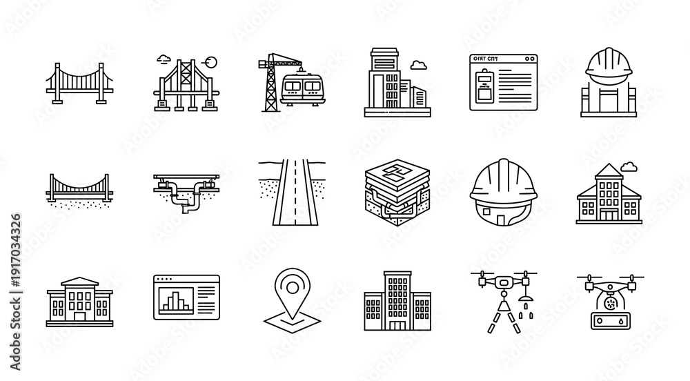 Fototapeta premium Construction and Engineering Icons Set Featuring Bridges Buildings and Machinery