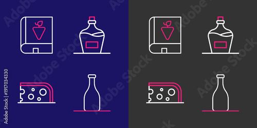 Set line Bottle of wine, Cheese, Old bottle and Book about grapes icon. Vector