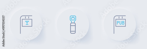 Set line Street signboard with Pub, Bottle opener and Bar icon. Vector
