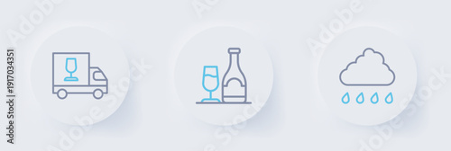 Set line Cloud with rain, Wine bottle glass and truck icon. Vector