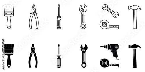 Black and white of various hand tools on white background line solid fill paintbrush