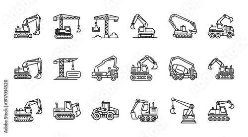 Construction Equipment Icons Set Showing Excavators Cranes and Loaders