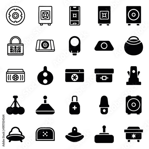 Black and white of various security devices and symbols security safety symbols lock alarm safe camera padlock key vault protection symbols