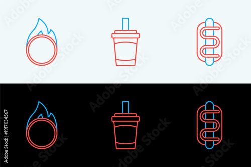 Set line Hotdog sandwich, Circus fire hoop and Paper glass with water icon. Vector