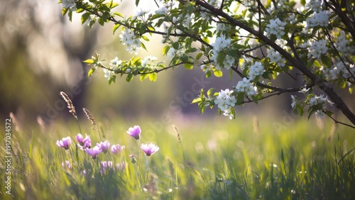 Blooming apple blossoms and purple wildflowers in tranquil spring meadow.
