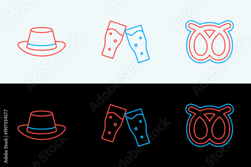 Set line Pretzel, Oktoberfest hat and Glass of beer icon. Vector