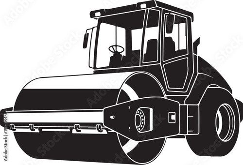 Black and white line of a road roller machine construction equipment
