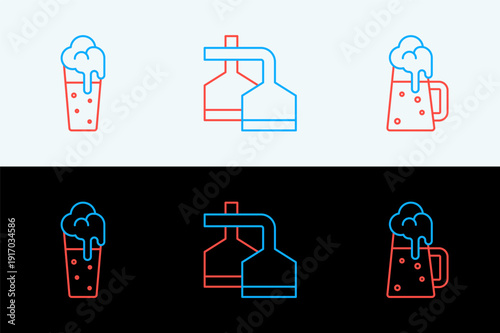 Set line Wooden beer mug, Glass of and Beer brewing process icon. Vector