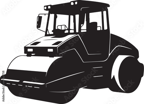 Black and white of a road roller machine construction