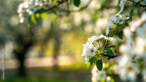 Close-up of cherry blossom branch with sunlit bokeh background in springtime garden.