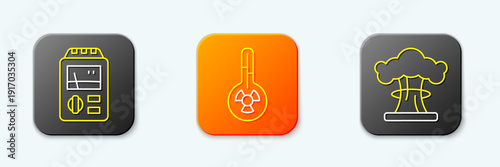 Set line Dosimeter, Meteorology thermometer and Nuclear explosion icon. Vector