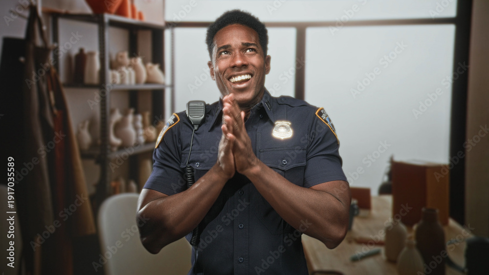 Naklejka premium Man in police uniform claps hands in pottery studio while smiling and laughing with radio mic on shoulder and visible badge; joy celebration.