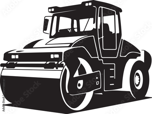Black and white road roller machine construction vehicle