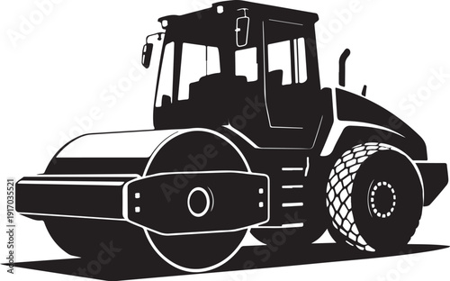 Black and white road roller machine construction vehicle