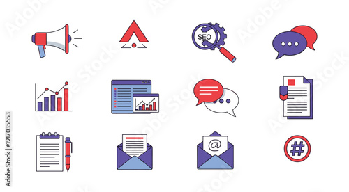 Flat Design Icons for Digital Marketing Communication and Business Analytics