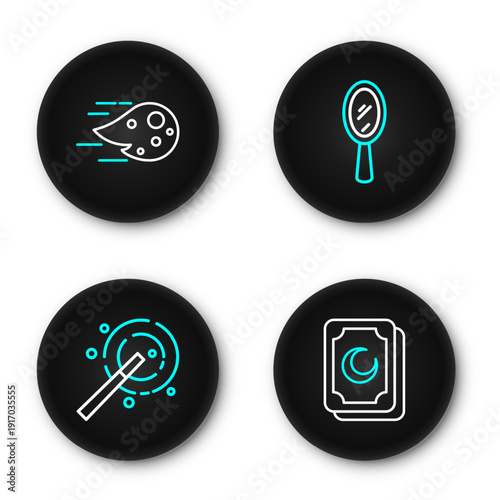 Set line Tarot cards, Magic wand, hand mirror and Fireball icon. Vector