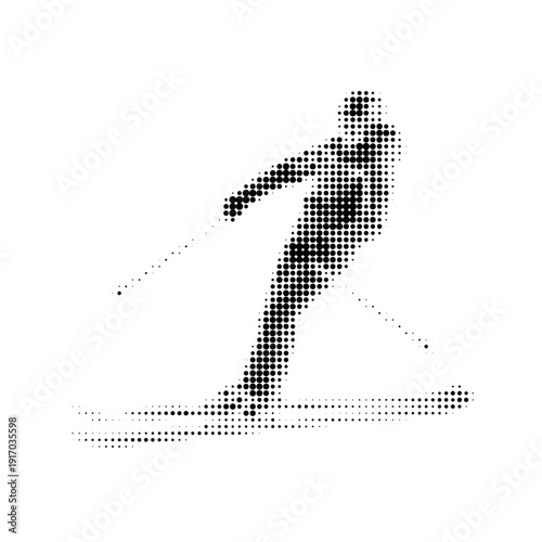 Vector halftone illustration of ski lift, stylized with dotted texture, black and white graphic design, isolated on white background, winter sport, minimalistic retro style, comic.