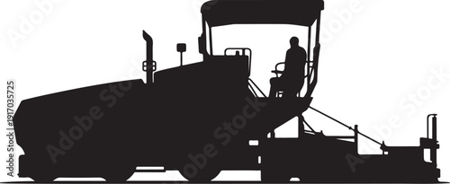 Black and white silhouette of a road paver machine with an operator