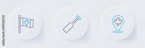 Set line Mountains, Paddle and Flag of Canada icon. Vector