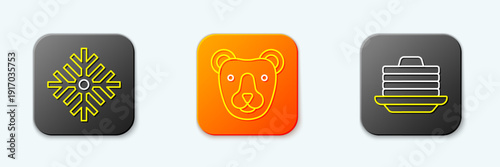 Set line Snowflake, Bear head and Stack of pancakes icon. Vector