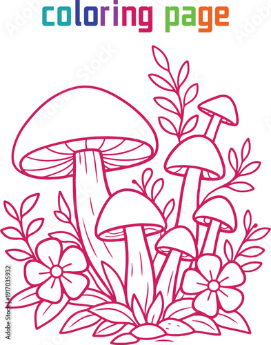 Whimsical Mushroom Houses and Forest Flowers A Charming Fantasy Coloring Page for Kids and Adults  DIY Crafts, Activity Books, and Printable Art