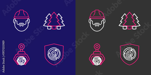 Set line Wooden logs, Grapple crane grabbed a, Christmas tree and Lumberjack icon. Vector