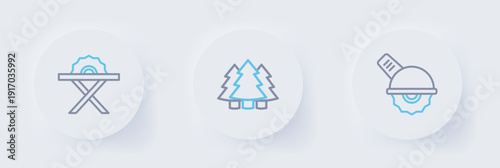 Set line Electric circular saw, Christmas tree and icon. Vector
