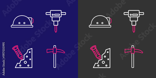 Set line Pickaxe, Construction jackhammer, and Miner helmet icon. Vector