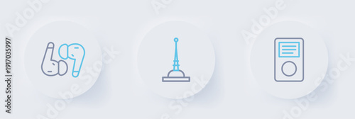 Set line Music player, Antenna and Air headphones icon. Vector