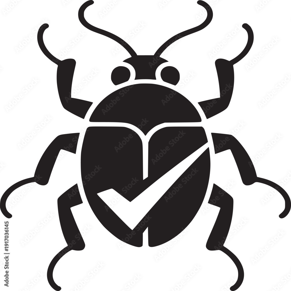 Fototapeta premium Software bug icon with checkmark symbol, black beetle vector illustration for debugging and quality assurance, computer virus fix graphic