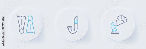 Set line Kitesurfing, Snorkel and Flippers for swimming icon. Vector