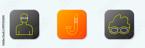 Set line Swimmer, Snorkel and Glasses for swimming icon. Vector