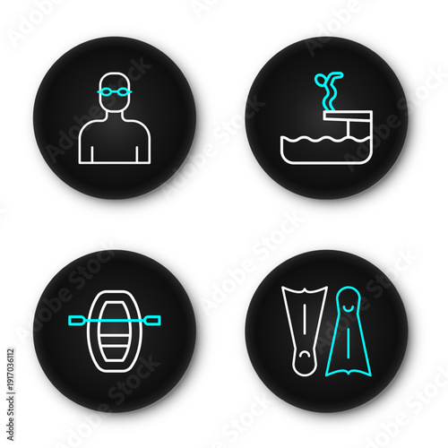 Set line Flippers for swimming, Boat with oars, Swimmer diving into pool and icon. Vector