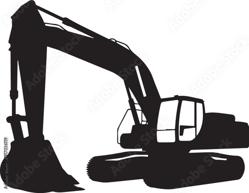Black and white silhouette of an excavator with extended arm