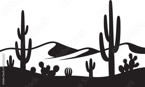 Black and white silhouette of desert landscape with cacti and rolling hills