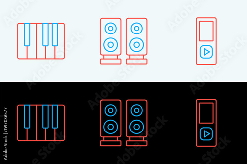 Set line Music player, synthesizer and Stereo speaker icon. Vector