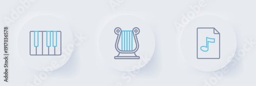Set line MP3 file document, Ancient Greek lyre and Music synthesizer icon. Vector