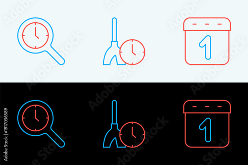 Set line Calendar, Magnifying glass with clock and Cleaning time icon. Vector