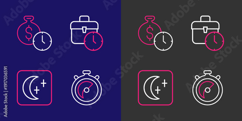 Set line Stopwatch, Moon and stars, Work time and Time is money icon. Vector